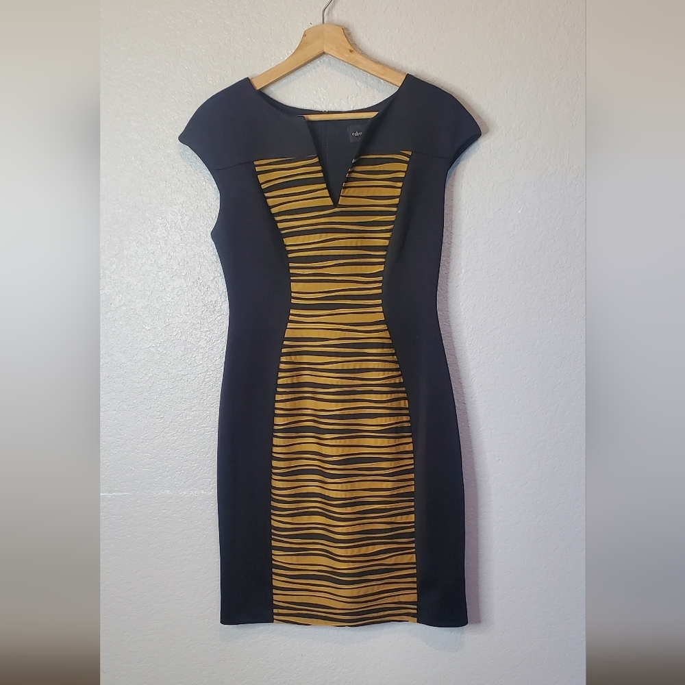connected apparel Black and Gold Striped Panel Midi Dress